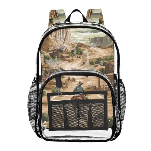 Western Cowboys Rodeo Retro Clear Backpack PVC Transparent Backpack Lightweight Book Bags Capacity Clear Bag for Boys Girls