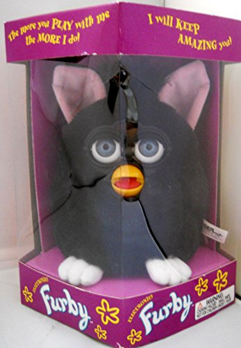 Furby Modelo 70-800 Cuerpo y cabello negro, pies blancos, orejas rosadas, ojos azules, raro 1998