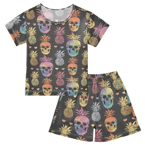 ALAZA Rainbow Skulls Hearts Pineapple Pajama Set Short Sleeve Sleepwear Soft Lounge Nightwear