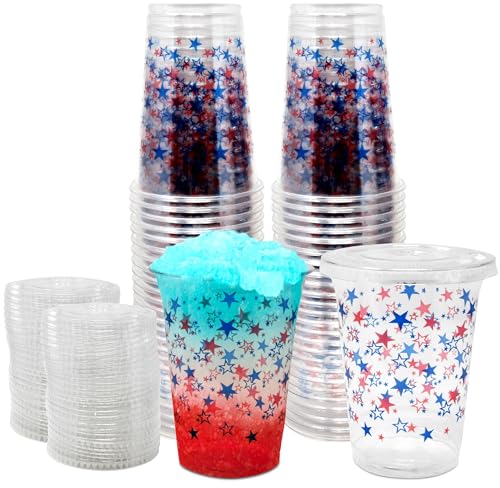 Gift Boutique 50 Pack Disposable Plastic Patriotic Cups 16 oz. With 50 Straw Slot Lids Star Design Clear Drinking Cup for Holiday July 4th Tableware Party Supplies