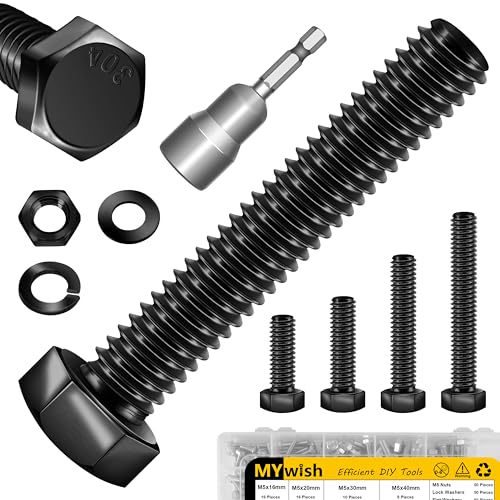 Mywish 448PCS M5 M6 M8 Ensemble de vis, assortiment de boulons métriques, 304 Acier inoxydable, écrous et boulons ensemble plat & Laveurs à ressort, tête de hexagone vissées Bolts and Nuts Kit, entièrement fileté & Oxydé noir