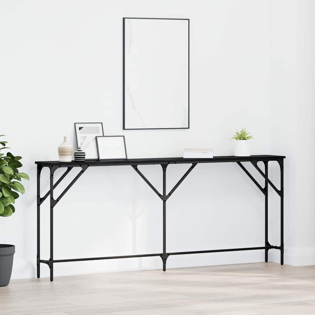 SXZenSpace Industrial Console Table, 180x23x75 cm, Black Oak Engineered Wood & Iron, Slim Adjustable for Hallway, Living Room, Bedroom