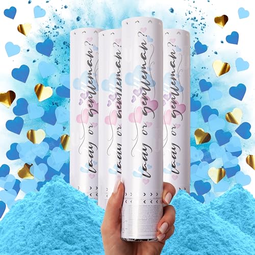 PrimePure Revelacion Genero Bebe Canon de Confeti - Polvo Biodegradable y Cañón Confeti en Forma de Corazón - Azul, Pack 4 - Gender Reveal Confetti Cannon para Anunciar Bebé Niño