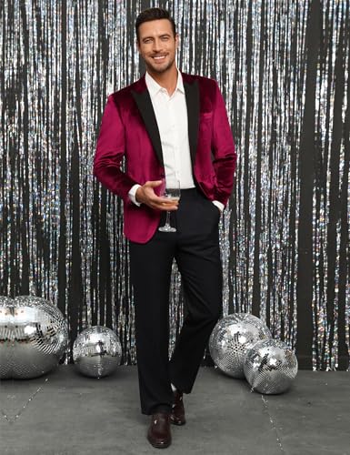 TURETRENDY Men's Velvet Blazer One Button Solid Wedding Blazers Slim Fit Luxury Velour Suit Jacket for Dinner,Prom,Party Red S4