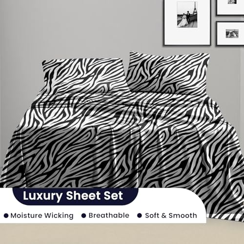 Image of SGI bedding Full XL Bed Sheets Set - Premium 600 TC Egyptian Cotton, Crisp Cooling Sateen Weave, Extra Soft Hotel Collection, Fits Mattresses Up to 16 Inch Deep Breathable Long Lasting - Zebra Print