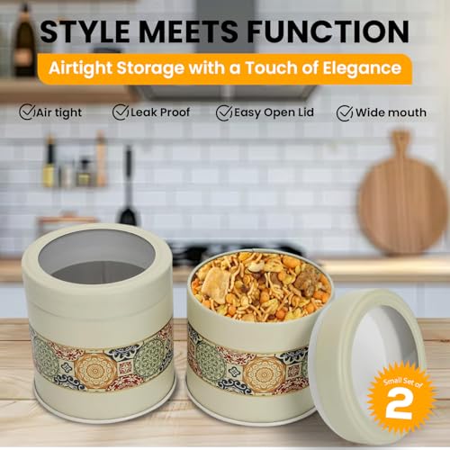 Image of Mandala Collection Airtight Kitchen Container Set| 450ML- Set of 2| Food Grade Metal Jars for Masala, Seeds, Cookies & Dry Storage| Vacuum Lid, Rust Resistant| Beige Rangoli Canisters