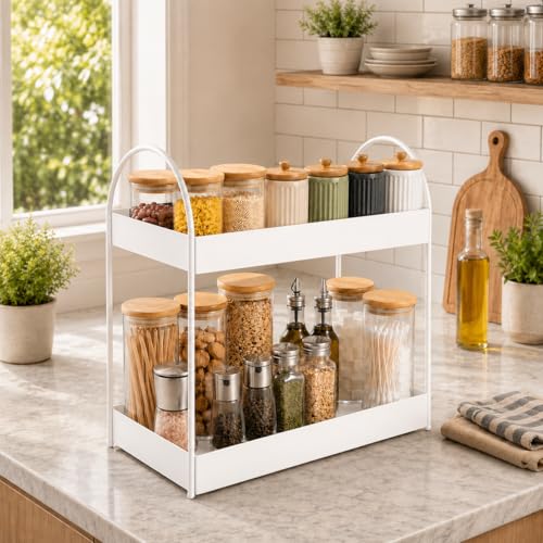 Image of Homeor 2-Tier Metal Countertop Organizer | Heavy Duty Standing Rack for Kitchen Spice Storage & Bathroom Vanity | Multi-Purpose Shelf For Kitchen, Cosmetic & Toiletry Display Shelf, White