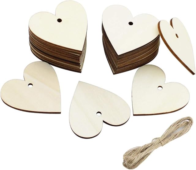 NewZC 100PCS 100x5cm Wooden Heart Shapes Wooden Love Embellishments Unfinished Wooden Craft Tags with Hole Natural Wedding Scatter Hearts for Valentine's Day Christmas Wedding Birthday