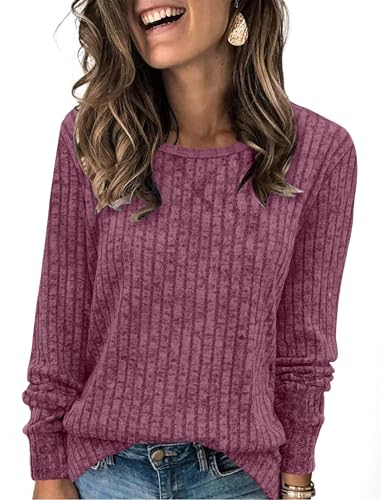 XIEERDUO Long Sleeve Tops Women UK Lightweight Jumpers Ladies Basic Tunic Shirts Women Ribbed Knit Sweaters Size 14-16 Purple