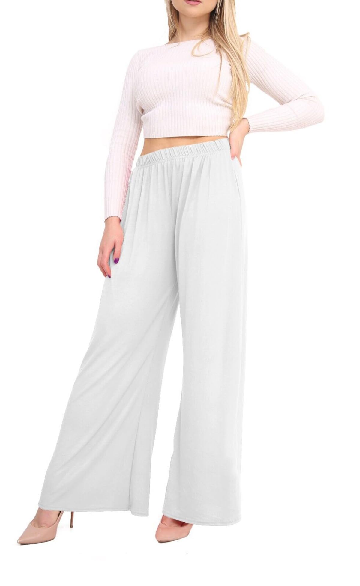 Purple Hanger Women's White Stretch Elasticated Baggy Wide Leg Palazzo Plain Loose Fitted Trousers Pants Plus Size (As8, Numeric, Numeric_24, Numeric_26, Regular, Regular, )