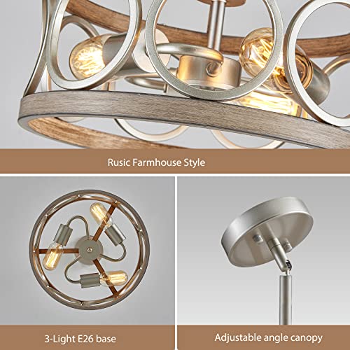 Peskoe Farmhouse Ceiling Light Fixture, 13" Drum Brushed Nickel And Wood Grain Semi Flush Mount Ceiling Light For Kitchen Bedroom Dining Living Room, Round Metal Chandeliers #TOP3