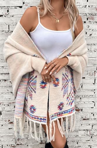 Women's Fashion Knitted Shawl Wraps Open Front Fringe Sweater Coat Ethnic Poncho Cape with Sleeves Cloak Scarf3