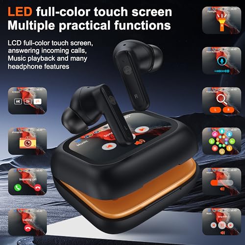 Image of THREE PEACHES Wireless Earbuds Bluetooth 5.4 Headphones, Touch Screen, Call ENC Noise Cancelling, USB Charging Case for iPhone /Android, Black