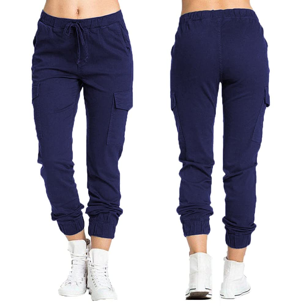 XUNRYAN Cargo Pants Womens Baggy High Waisted Drawstring Sweatpants Lightweight Athletic Workout Pegged Joggers w Pockets Dark Blue