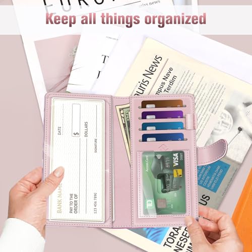 Image of FINTIE Checkbook Cover for Personal Checkbook, RFID Blocking Big Capacity Standard Register Duplicate Checks with Pen Holder, Cards Slots (Marble Pink)