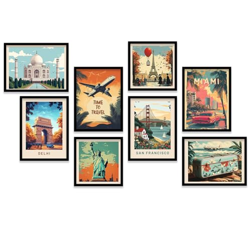 Image of kotart Retro Travel Theme - Modern Art City Vibes Wall Decor Photo Frames - Framed Posters - Wall Poster with Frame for Room Office Living Room Hotel Home Decor Set of 8 (Art 2, Big(13x17 or 13x13 inch), Framed)