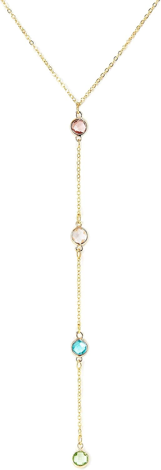 MignonandMignon Gold Long Drop Y Necklace Birthstone for Mother in Law Gifts for New Mom Layering Wedding Necklace Mother's Day Gift - LRT-2HBS
