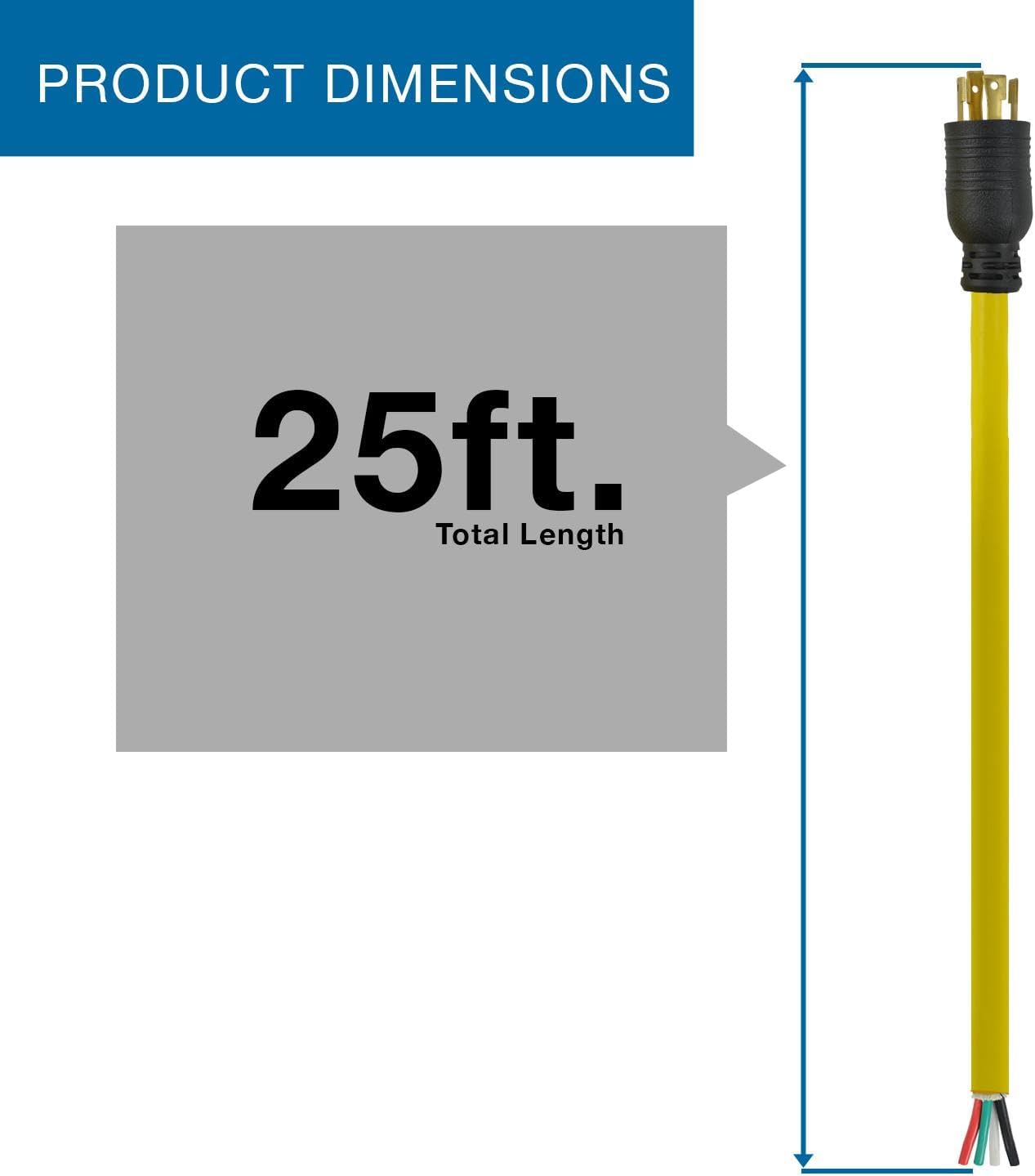 Conntek 25ft 30 Amp 3Ø 250V NEMA L15-30 Power Supply Cord SJTW 10/4 Roj Stripped End