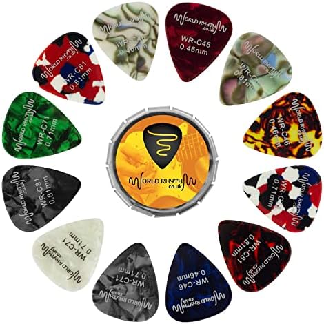 Guitar Picks with Storage Tin - 12 Mixed Gauge Guitar Plectrums - 0.46mm, 0.71mm, 0.81mm World Rhythm WR-208