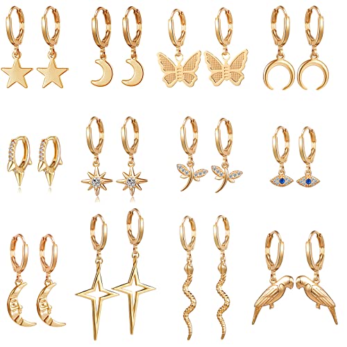 12 Pairs Gold Butterfly Dangle Earrings for Women - Mini Hoop Earrings for Teens Butterfly Earrings Cartikage Earrings Snake Earrings Moon Star Earrings Sun Earrings Set for Girls Cute Earrings Pack