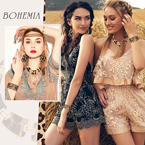 Junkin 3 Pieces Bohemia Leopard Jewelry Set Multilayer Leather Cuff Bracelet Leopard Print Earrings Leopard Print Necklace Collar Bib For Women #TOP4
