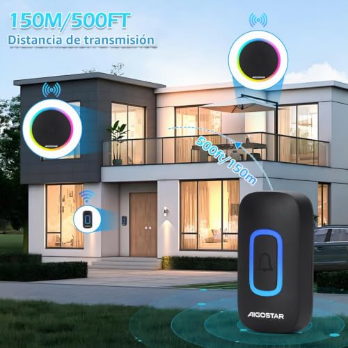Miniatura 3 de Aigostar Timbre Inalámbrico Rgb, Timbre Inalámbrico Exterior Impermeable Sin Pilas, Ip55, 5 Niveles De Volumen 0-120db Y 60 Melodías, Timbre Para Ancianos, Casa, Oficina, Negro