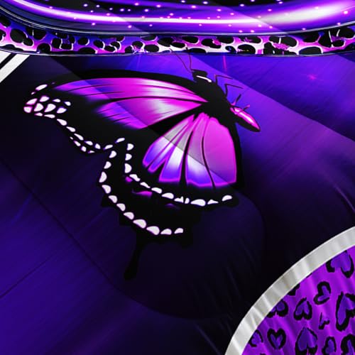 Image of AILONEN Purple Heart Bedding Set Queen Size,Luxury Leopard Print Comforter with 2 Pillowcases for Girls Women,3-Piece Crown Butterfly Quilt Set for Home Decor