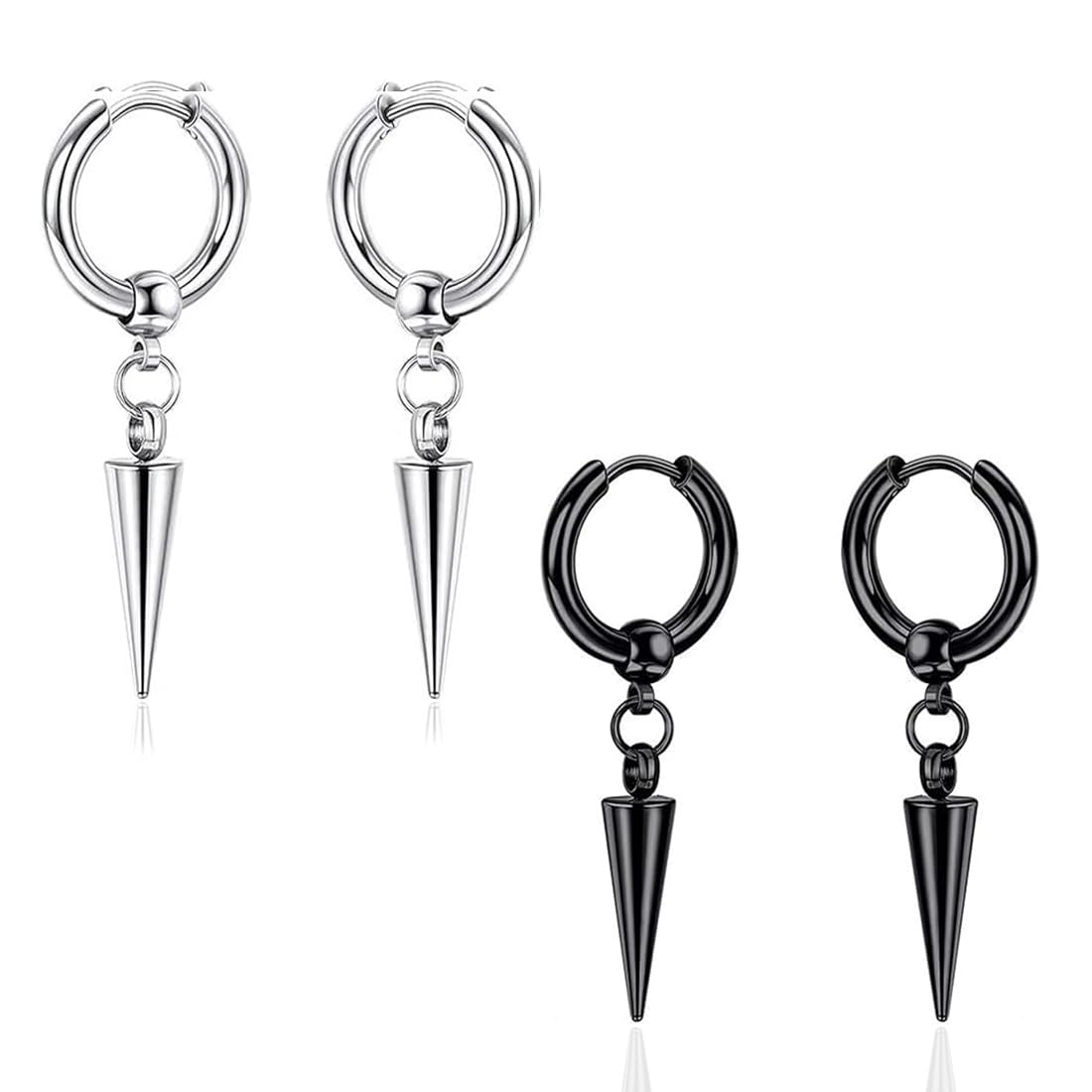 Set di 2 paia di orecchini da uomo in acciaio inox, orecchini a cerchio, piercing gotico, cartilagine, piercing per cartilagine, per uomini e donne (nero + argento)