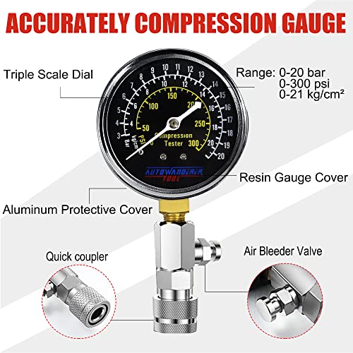 Autowanderer Tool 9Pcs Engine Compression Tester Kit With Spark Plug Tester, Universal Automotive Petrol Gas Cylinder Pressure Gauge Set Engine Testing Tools M10, M12, M14, M18 Fitting #TOP1