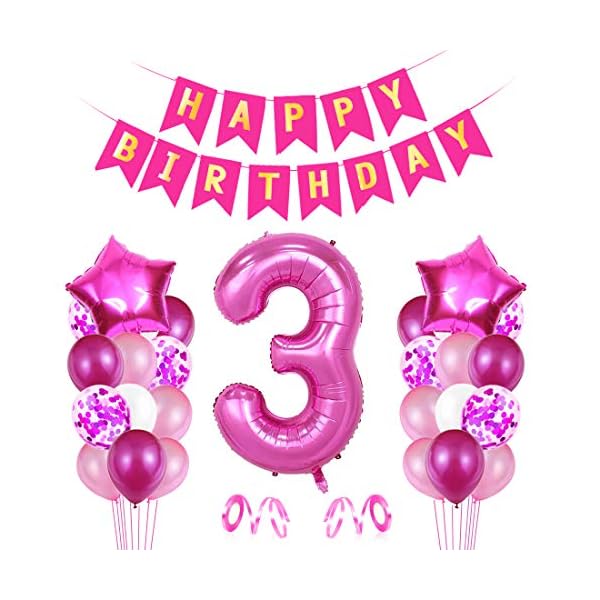 O-Kinee Luchtballon 3e verjaardag roze, ballon 3 decoratie voor verjaardag, verjaardagsdecoratie meisjes 3 jaar, Happy…
