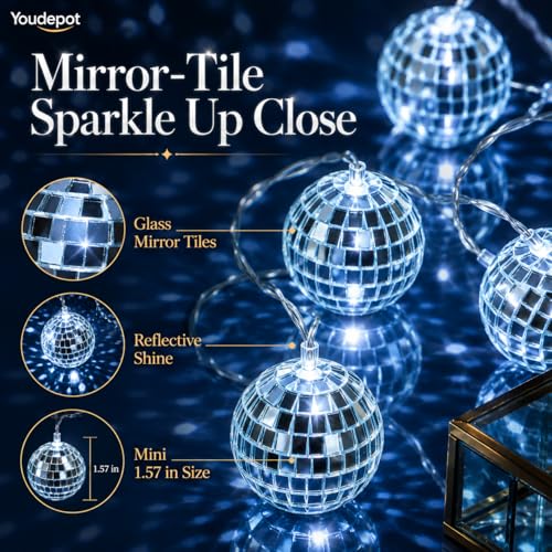 Bola espejada de 16 pulgadas Youdepot y luces de cuerda para bolas espejadas, decoración plateada para bodas, Navidad, fiestas y habitaciones miniatura 3