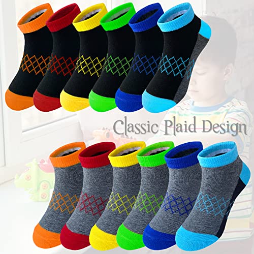 12 Pairs Boy Half Cushioned Low Cut Ankle Athletic Cotton Socks for Little Big Kids Age 3-104