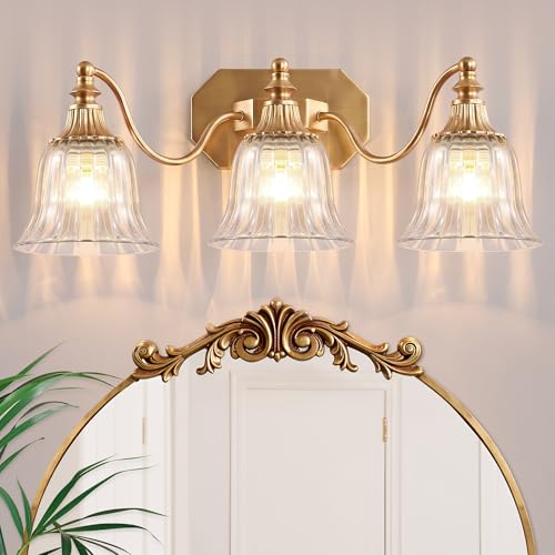 Image of Gold Bathroom Light Fixtures, 3-Light Vintage Bathroom Vanity Light, Antique Brushed Gold Lighting Fixtures Over Mirror, with Crystal Glass Shades, Wall Lighting Sconces for Bathroom Bedroom