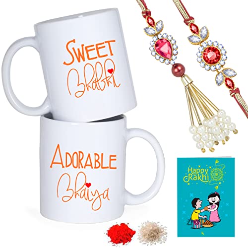 Image of Rakhi Gift for Brother and Bhabhi-Rakhi for Bhai and lumba for bhabhi on Rakshabandhan 2 Coffee Mug, Roli, Chawal & Greeting Card Combo