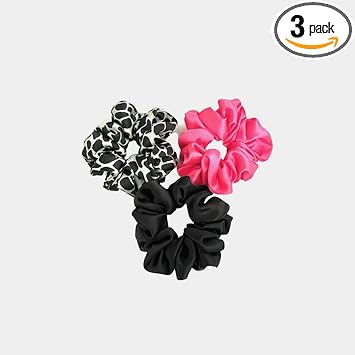 Venda Women Luxury Satin Scrunchies, Pack of 3, Black, Hot Pink, Leopard Print