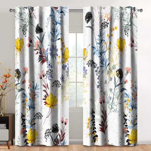 Kzzfqxb Lot de 2 Rideaux à Motif Floral 140x229cm, Motif botanique Blanc Jaune Rose Fleurs Sauvages Bleu Mauvaises Herbes, décoration élégante pour Salon...