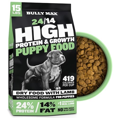 Bully Max Puppy Food 24/14 High Protein & Growth Formula - Dry Dog Food with Lamb and Rice for Small Dogs and Large Breed Puppies - Natural Slow-Cooked Sensitive Stomach Pet Food 15-Pound Bag
