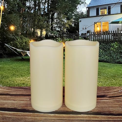 Image of 6'' Outdoor Battery Operated Flameless Candles 2 Pack Flicking Pillar LED Candles with Timer Waterproof Plastic Electric Decorative Lights for Lantern Patio Garden Home Decor Party Wedding