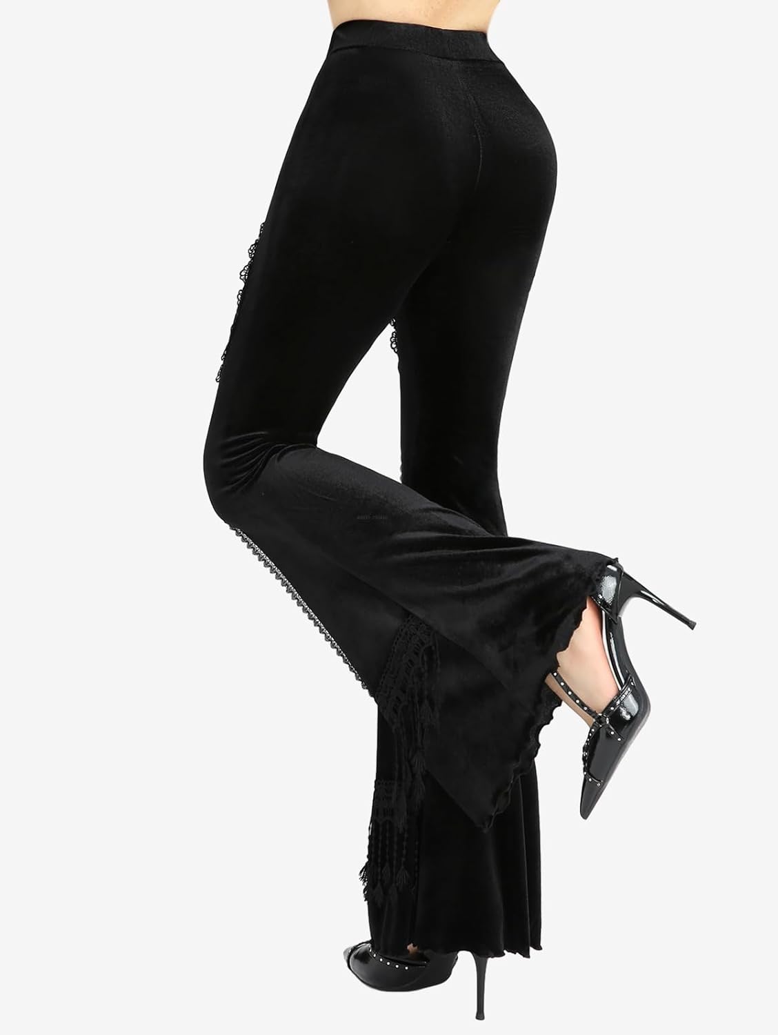 Women's Gothic Lace Rose Print Goth Bell Flare Pants Bottom Punk Grunge Rave Flared Leggings - Image 3