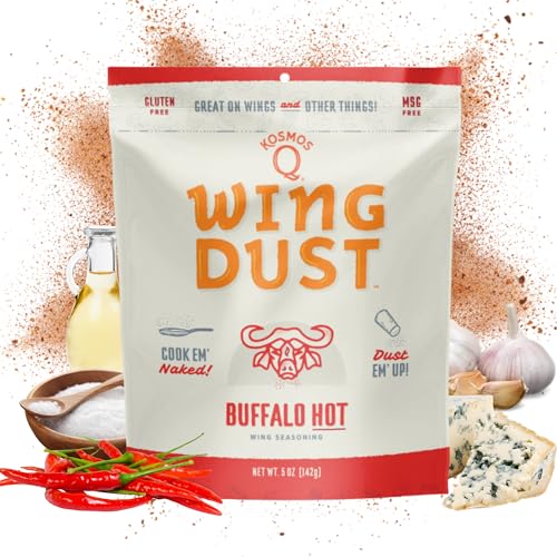 Kosmos Q Hot Buffalo Wing Dust, Spicy Chicken Wing Seasoning Powder for Wings, Popcorn, Fries & More, Bold Buffalo Flavor with Cayenne, Garlic, Blue Cheese, Dry Rub Dust for Grilling, 5 Oz Bag