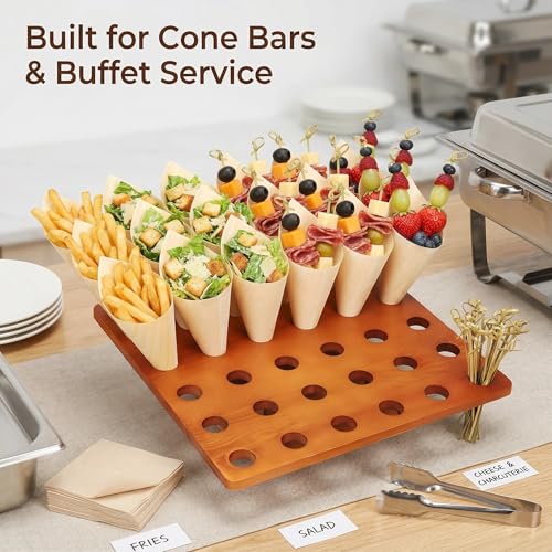 36 Slot Wooden Cone Holder Stand with 100 Cones & 100 Picks, 13 x 13 Appetizer & Dessert Cone Display for Catering Buffets, Charcuterie Cone Bar, Parties & Food Trucks - Thumbnail 2