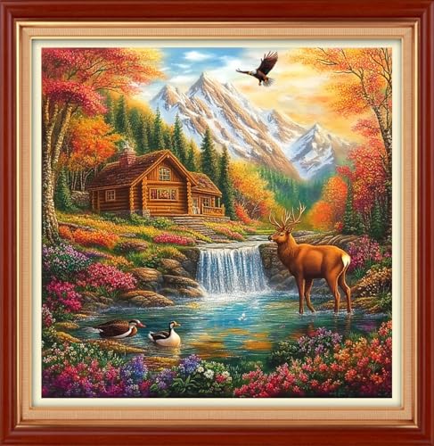 Image of Foxhool Stamped Cross Stitch Kits,11CT Printed Cross Stitch Pattern Full Embroidery Kits for Beginner Needlepoint Kits&Autumn Scenery elk 18x18 inch