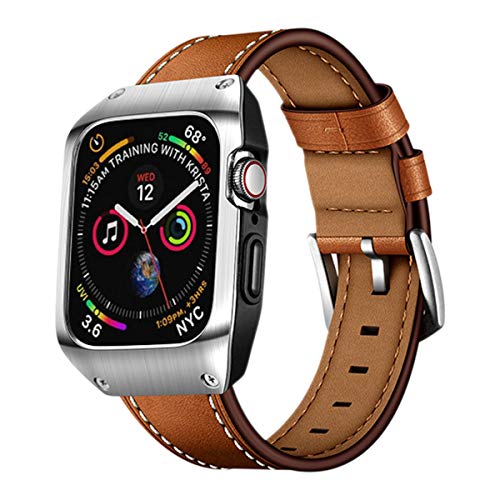 EloBeth 44mm Band Case Compatible with Apple Watch Band 44mm Series 6/5/4 & Apple Watch SE 44mm Bands, Genuine Leather Bands & Metal/PC Protective Case for iWatch Series 6/5/4/SE 44mm (Brown/Silver)