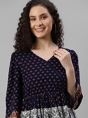 Image of DEEBACO Women's Ethnic Motifs Rayon Peplum Flared Tunic & Pants Co Ord Set for Women V Neck & 3 /4 Puff Sleeve Ladies Party Casual Wear for Girls Relaxed Fit Cord Set (DBCOMR00000912 XL Navy Blue)