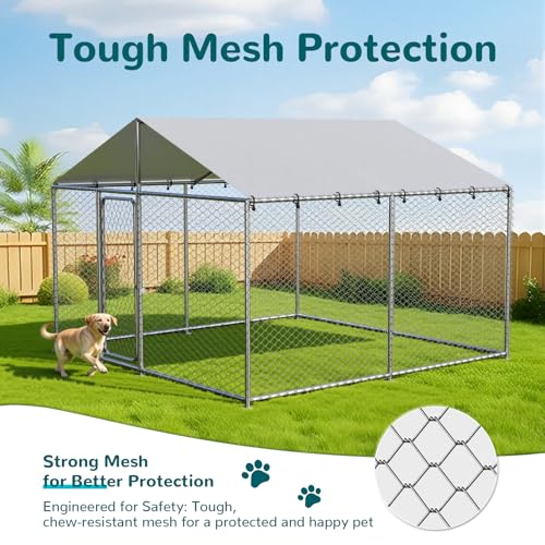 IronovaPets 10\'x10\' Large Outdoor Dog Kennel Outside for Large Dogs, Heavy Duty Dog Enclosure with Wire Mesh Fence, Lock & Waterproof Cover - Thumbnail 4