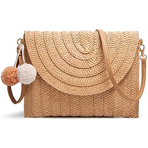Straw Shoulder Bag Straw Clutch Women Hand-woven PomPom Straw Crossbody Bag Summer Beach Envelope Purse Wallet, A-khaki, Medium Cover