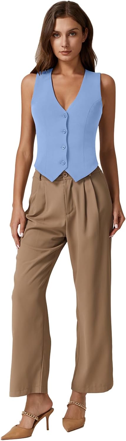 QINSEN Womens V Neck Vest Top Sleeveless Button Down Fully Lined Solid Going Out Crop Tops - Image 6