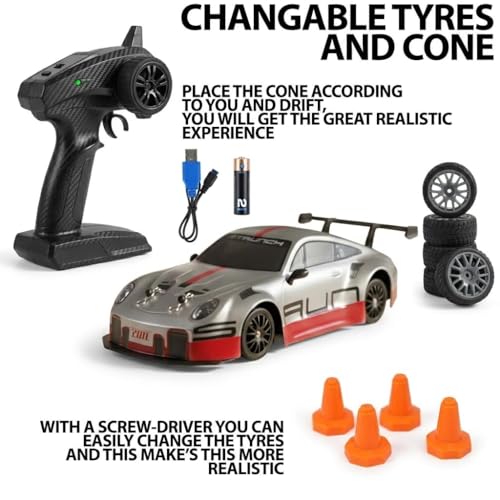 Image of RC Drift Racing Car Red - High Speed Remote Control Drift Car with 2.4GHz Wireless Controller, USB Rechargeable, Durable Body, Includes Extra Wheels & Cones - RC Car for Kids & Adults