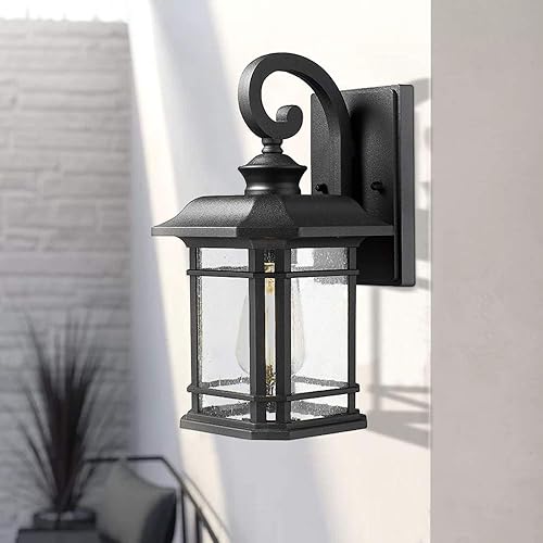 Miniatura 29 de Emliviar Luces de Farol de Pared para Exteriores, Lámpara de Aplique de Pared Exterior de 1 Luz, Acabado Negro con Vidrio Granulado Transparente,