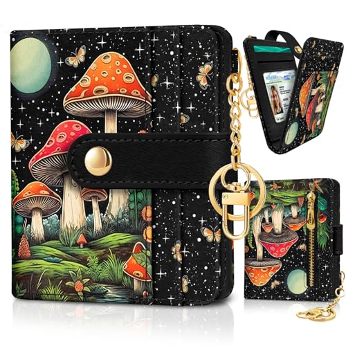 Image of Jogjam Rfid Women Wallet, Small Slim Thin Credit Card Wallet, PU Leather Bifold Cash Zipper Coin Pocket ID Window, for Female Ladies Teen Girls Girly Gifts, Mushroom, Modern